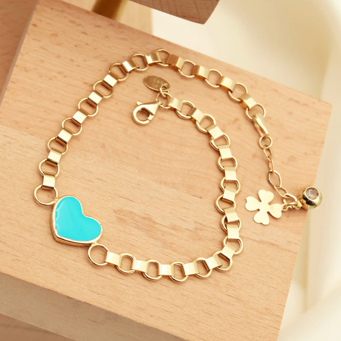 14k Solid Gold Heart Bracelet with Blue Enamel