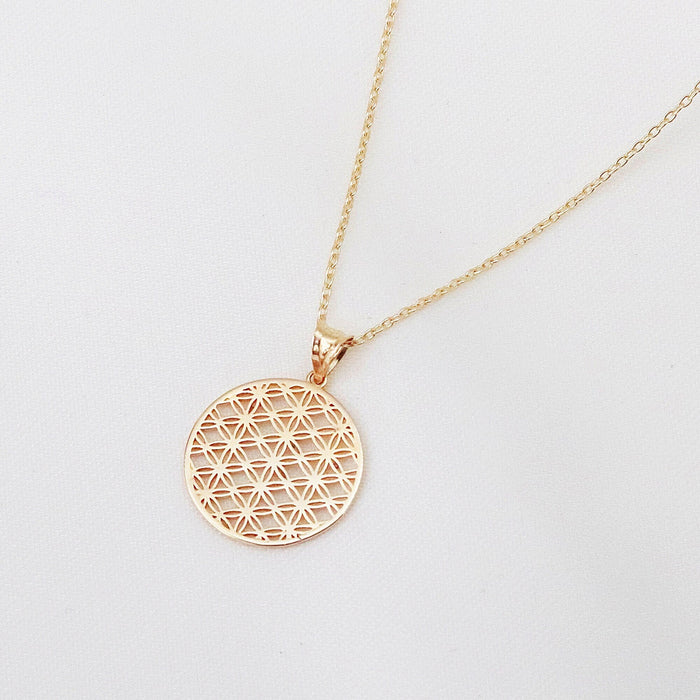 14K Solid Gold Flower of Life Medallion Necklace