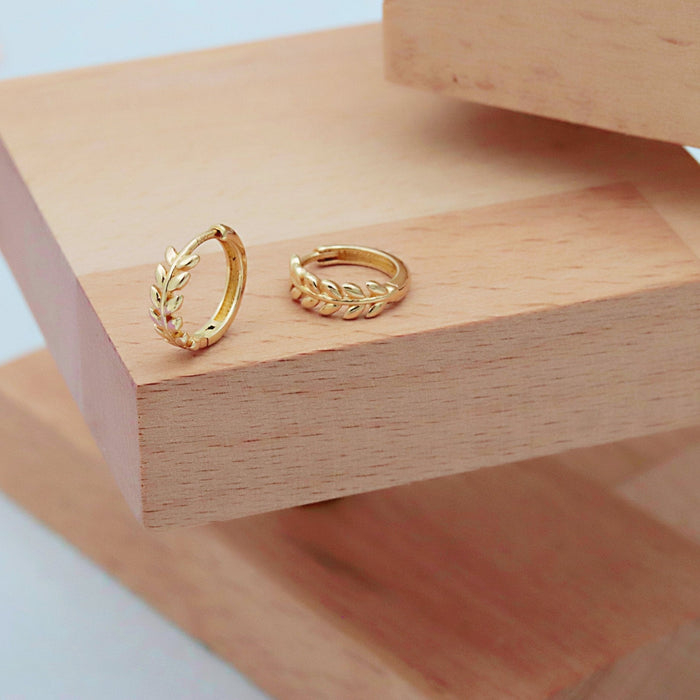 14k Solid Gold Leaf Huggie Hoop Earrings