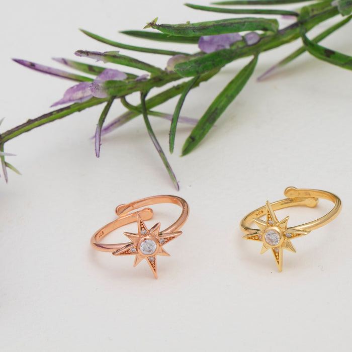 Celestial North Star CZ Starburst Ring