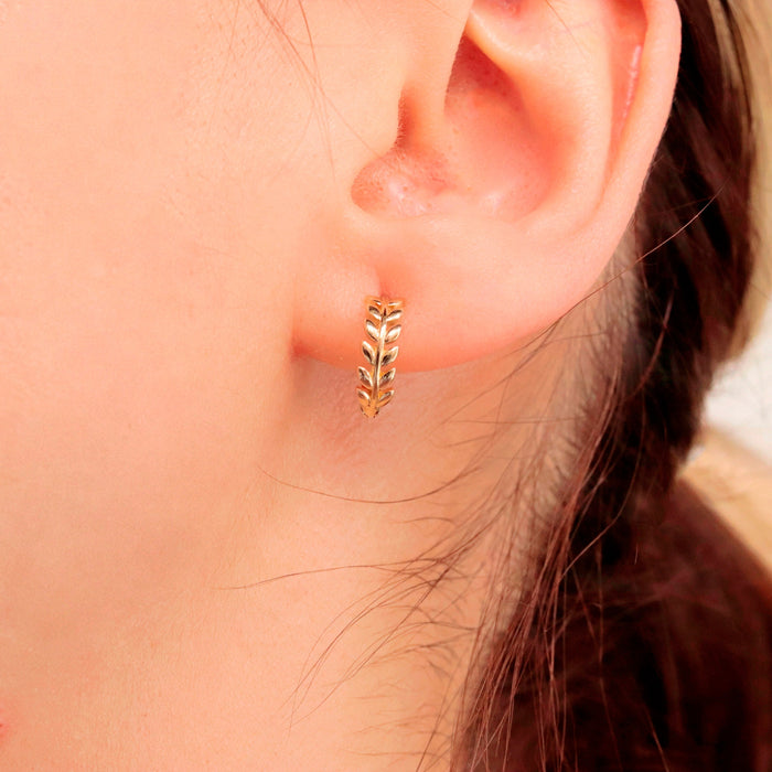14k Solid Gold Leaf Huggie Hoop Earrings