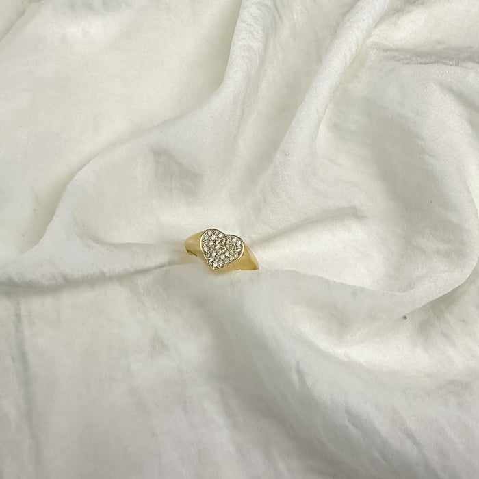 14K Gold Heart Ring Pave Diamond Signet Ring