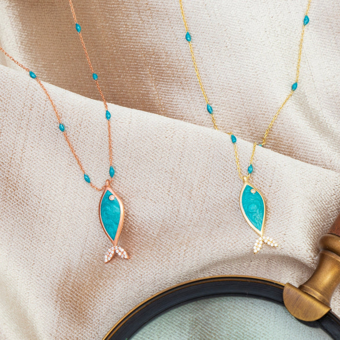 Turquoise Enamel Fish Necklace