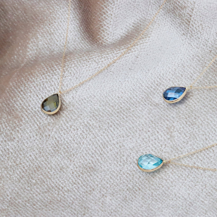 Elegant 14k Gold Blue Topaz & Quartz Gemstone Pendant Necklace