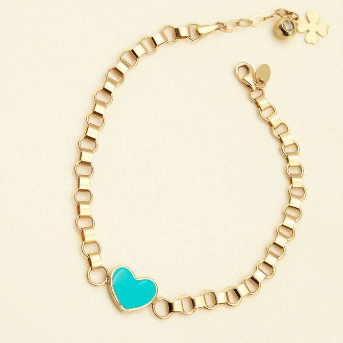 14k Solid Gold Heart Bracelet with Blue Enamel