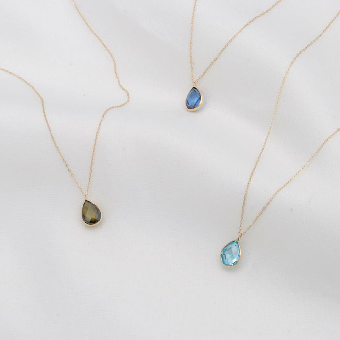 Elegant 14k Gold Blue Topaz & Quartz Gemstone Pendant Necklace