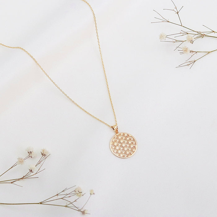 14K Solid Gold Flower of Life Medallion Necklace
