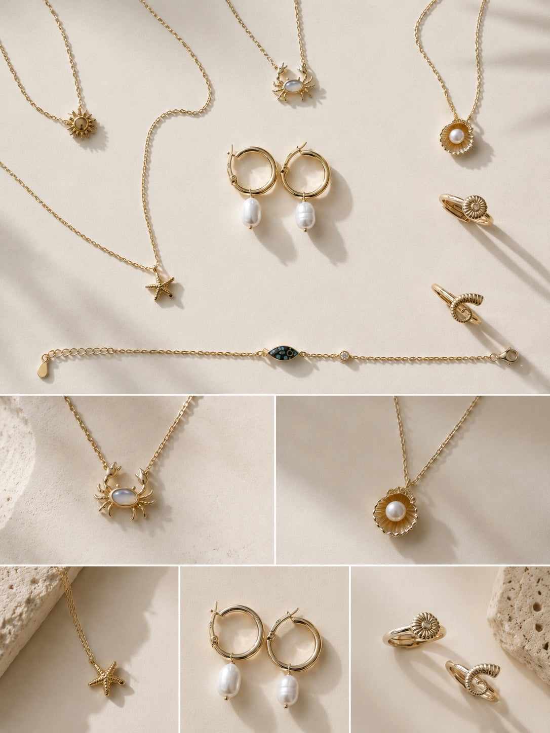Collage of gold jewelry including necklaces, earrings, and rings on a light background.