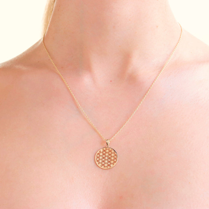 14K Solid Gold Flower of Life Medallion Necklace