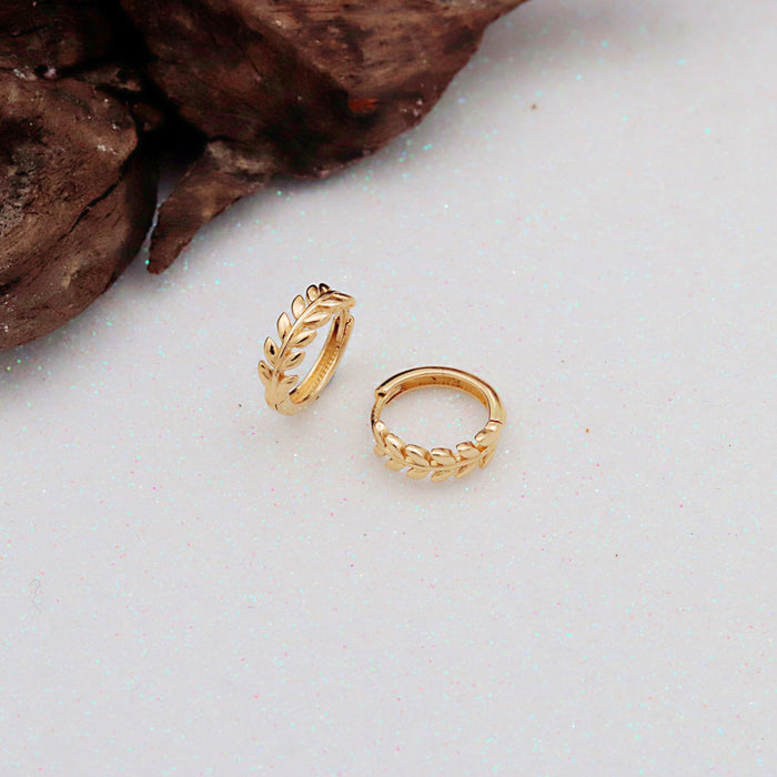 14k Solid Gold Leaf Huggie Hoop Earrings