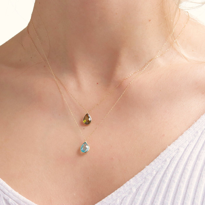 Elegant 14k Gold Blue Topaz & Quartz Gemstone Pendant Necklace
