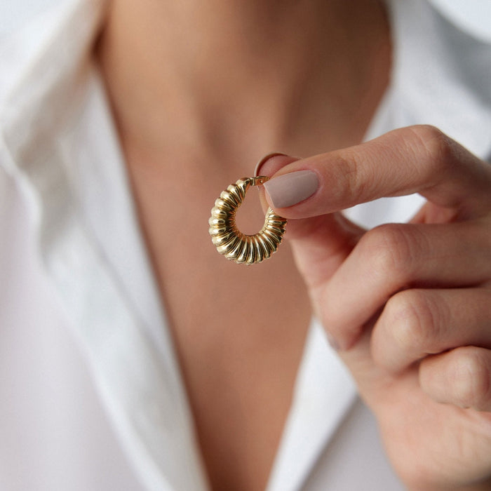 14k Solid Gold Statement Croissant Hoop Earrings - Chunky Twisted Design for Elegant Everyday Wear