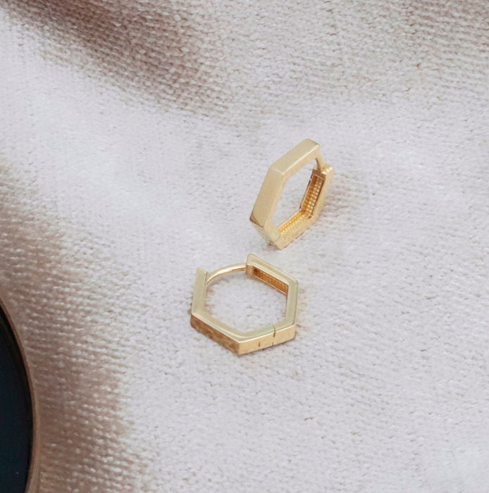 14k Gold Hexagon Huggie Hoop Earrings