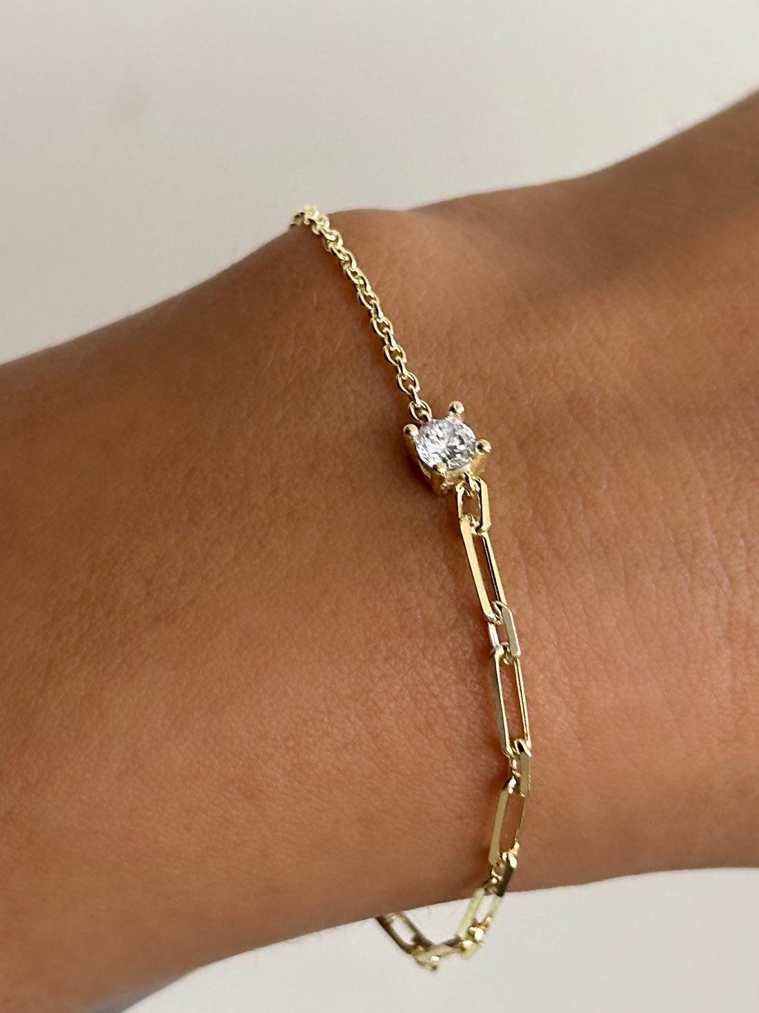 Paperclip Chain Bracelet with Solitaire Stone