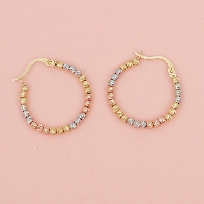 14k Gold Tricolor Beaded Huggie Hoop Earrings