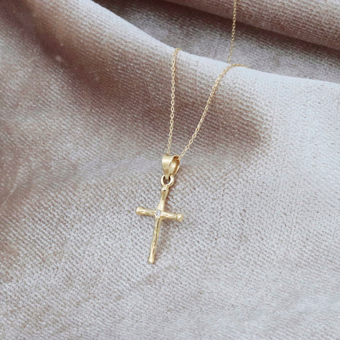 14K Solid Gold Tiny Cross Necklace