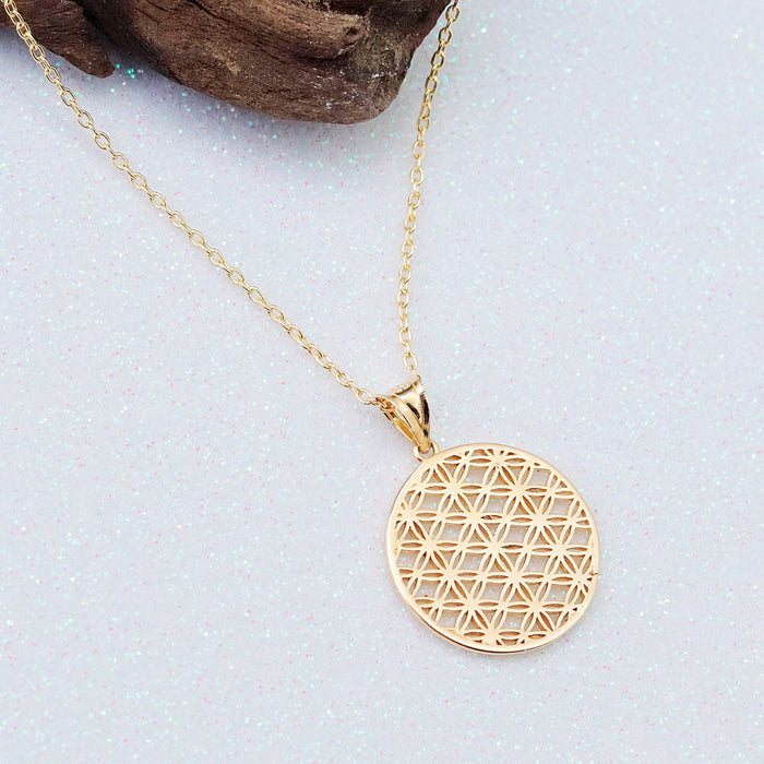 14K Solid Gold Flower of Life Medallion Necklace