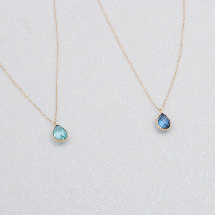 Elegant 14k Gold Blue Topaz & Quartz Gemstone Pendant Necklace