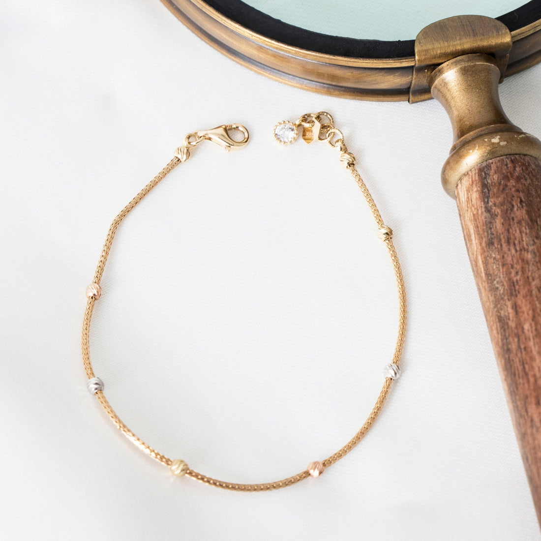 Delicate 14k Solid Gold Beaded Chain Bracelet