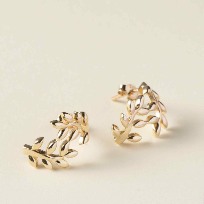 14K Solid Gold Leaf Hoop Earrings