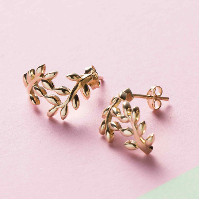 14K Solid Gold Leaf Hoop Earrings