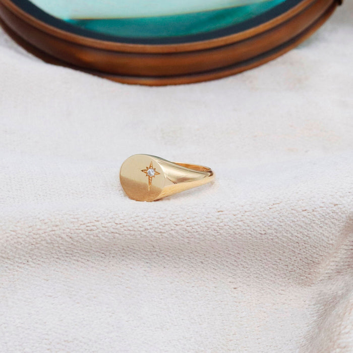 14k Solid Gold Starburst Signet Ring