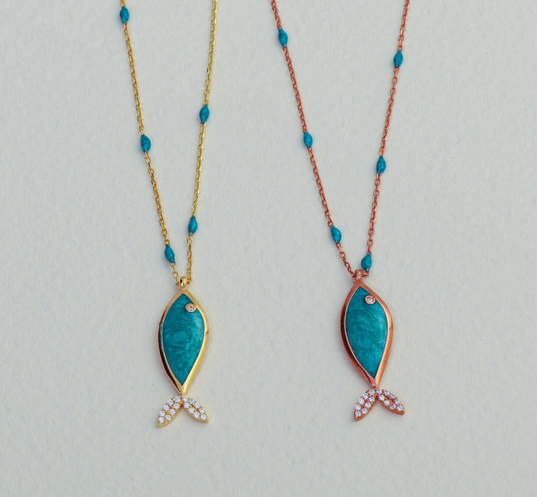 Turquoise Enamel Fish Necklace