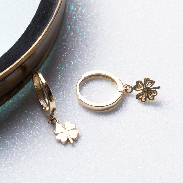 14k Solid Gold Clover Huggie Earrings