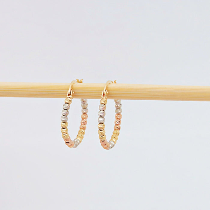 14k Gold Tricolor Beaded Huggie Hoop Earrings