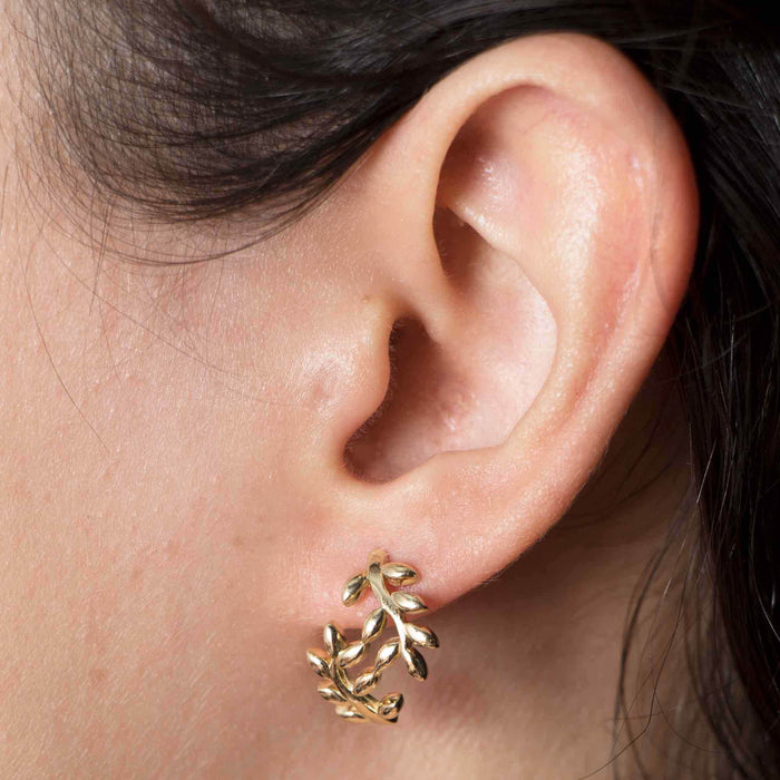 14K Solid Gold Leaf Hoop Earrings