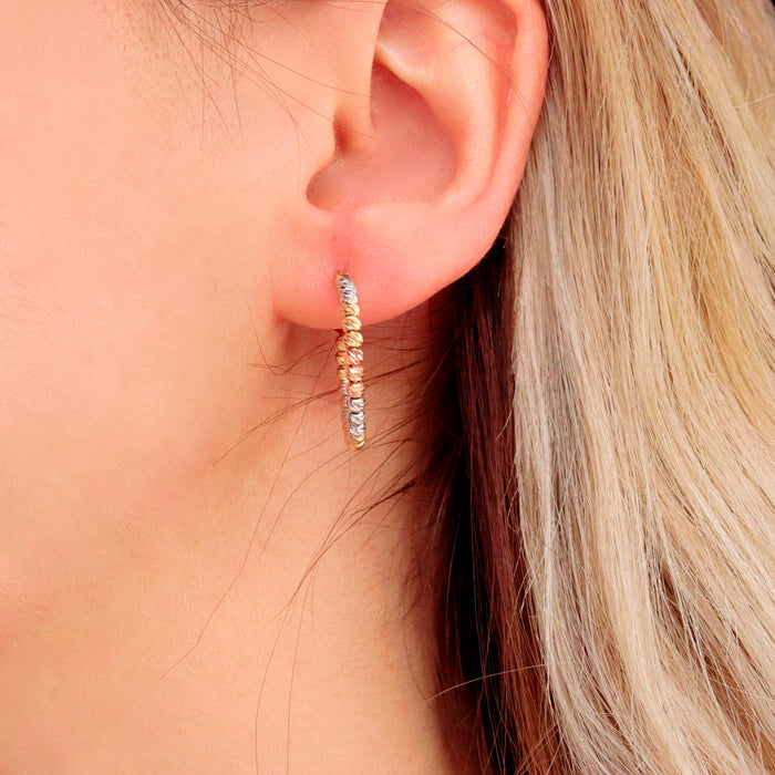 14k Gold Tricolor Beaded Huggie Hoop Earrings