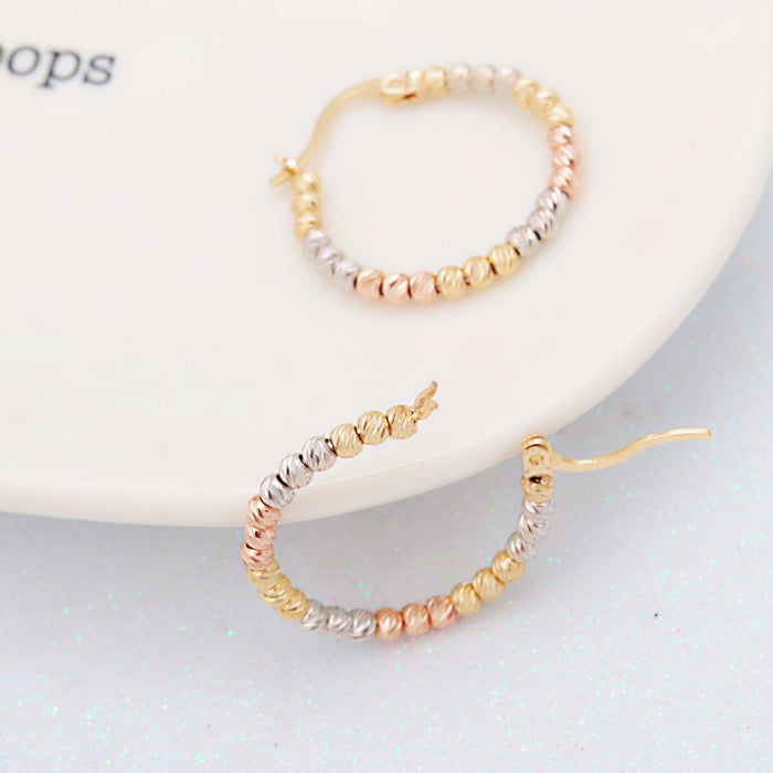 14k Gold Tricolor Beaded Huggie Hoop Earrings