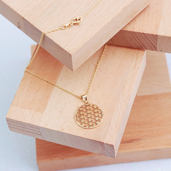 14K Solid Gold Flower of Life Medallion Necklace
