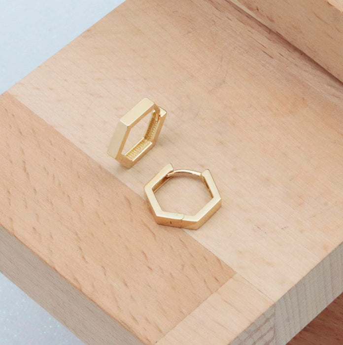 14k Gold Hexagon Huggie Hoop Earrings