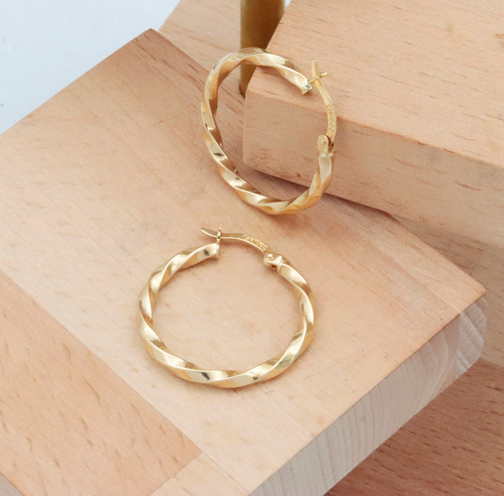14K Gold Twisted Hoop Earrings 26MM Huggies