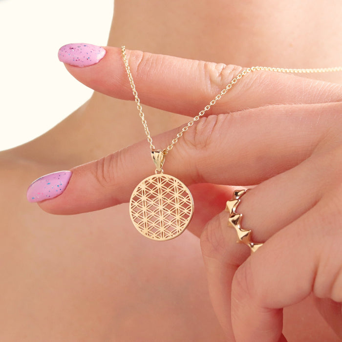 14K Solid Gold Flower of Life Medallion Necklace