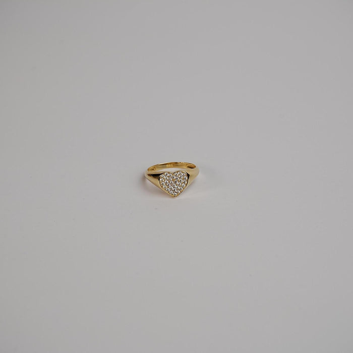 14K Gold Heart Ring Pave Diamond Signet Ring