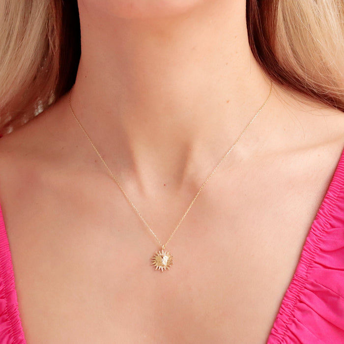 14k Solid Gold Sunburst Pendant Necklace