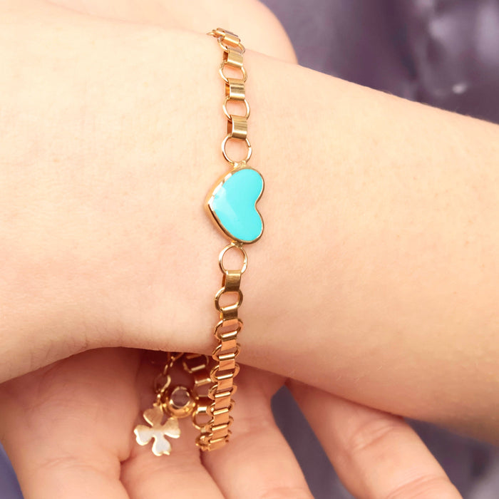 14k Solid Gold Heart Bracelet with Blue Enamel