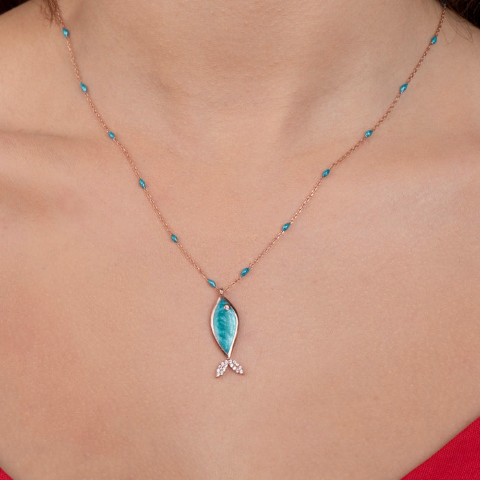Turquoise Enamel Fish Necklace