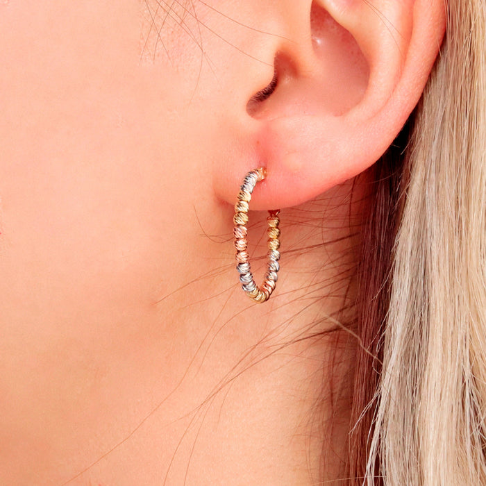 14k Gold Tricolor Beaded Huggie Hoop Earrings