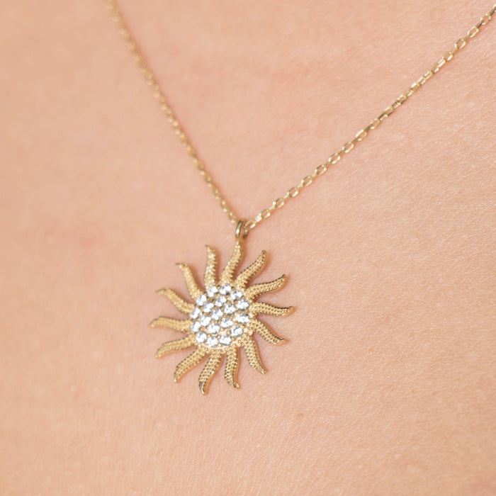 Dainty 14k Solid Gold Sun Pendant Necklace