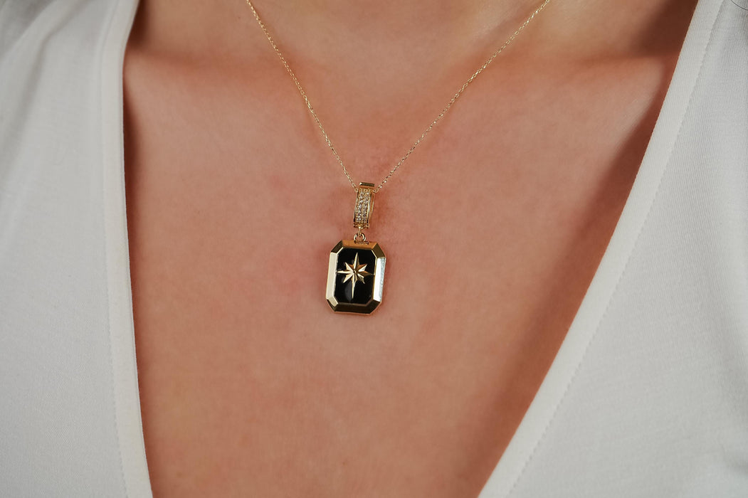 Elegant 14k Gold Compass Star Black Enamel Charm