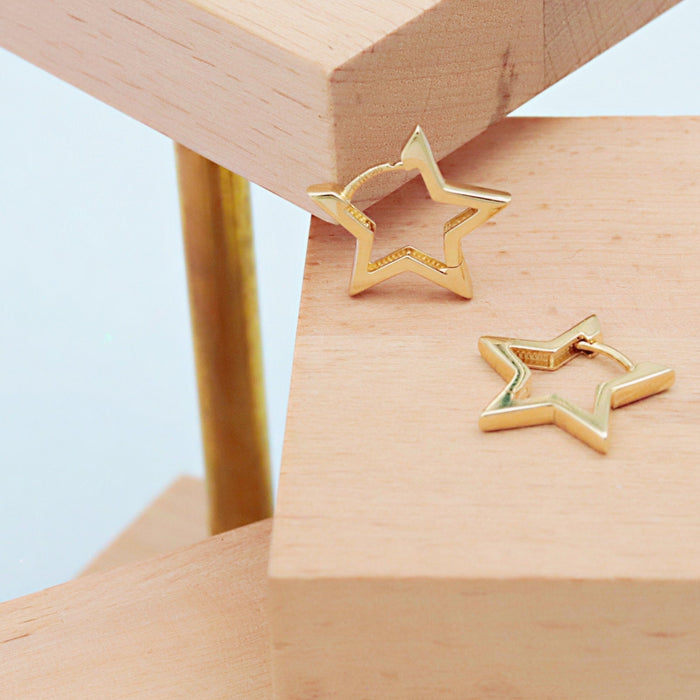 14k Gold Celestial Star Huggie Hoops