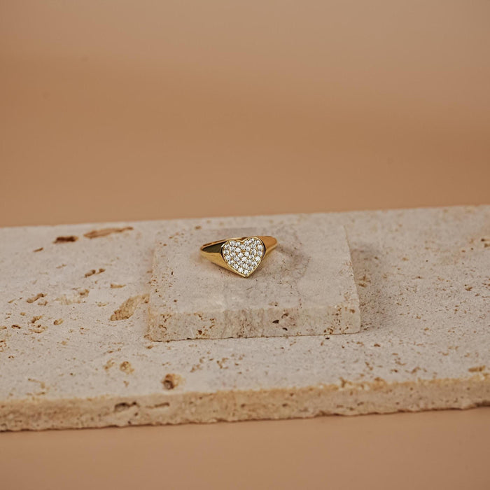 14K Gold Heart Ring Pave Diamond Signet Ring
