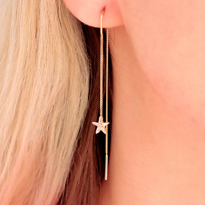 14k Solid Gold Star Chain Threader Earrings