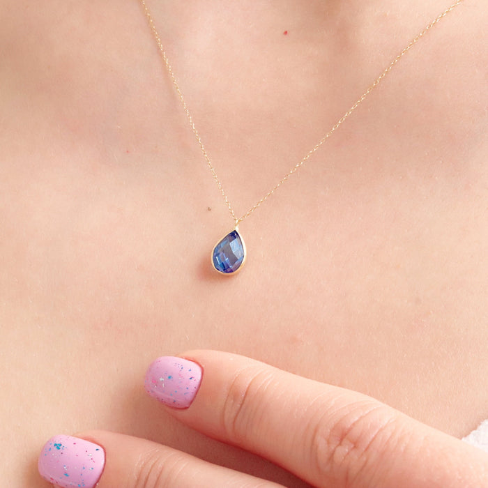 Elegant 14k Gold Blue Topaz & Quartz Gemstone Pendant Necklace