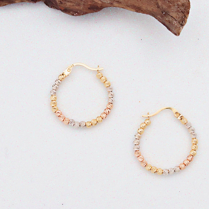 14k Gold Tricolor Beaded Huggie Hoop Earrings