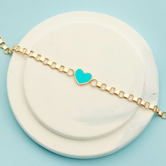 14k Solid Gold Heart Bracelet with Blue Enamel