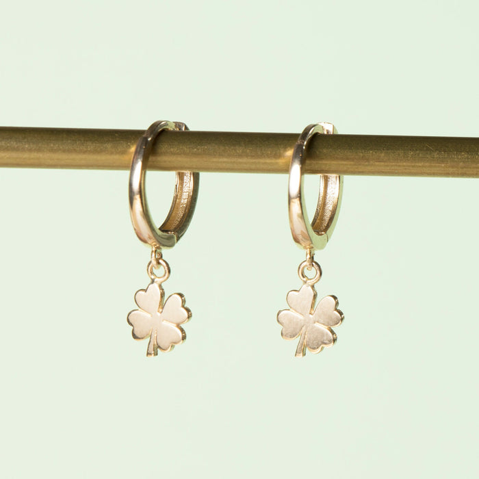14k Solid Gold Clover Huggie Earrings